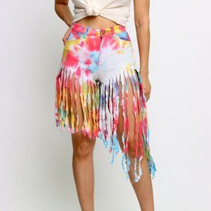 Women's Multicolor Frayed Hem Tassels Tie Dye Hight Waist Plus Size Denim Shorts